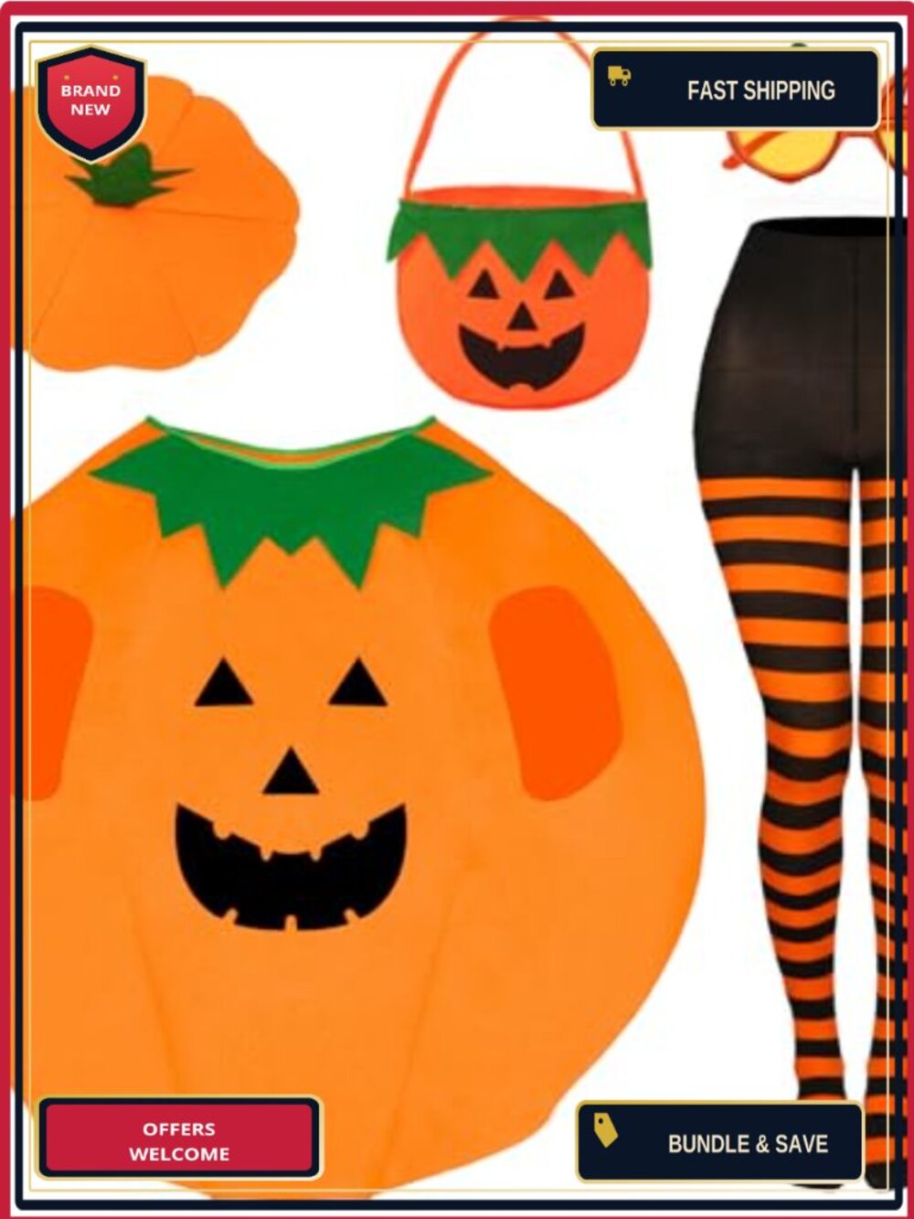 Adult Pumpkin Costume Set 5 Pieces Halloween Cosplay Accessory Kit Unisex
